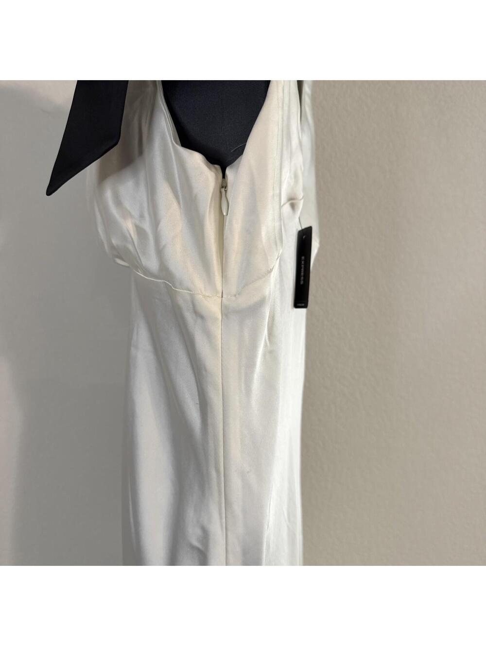 Express Cream Satin V-Neck Midi Cami Slip Dress w/ Black Ties on Shoulder - MED - Picture 8 of 13